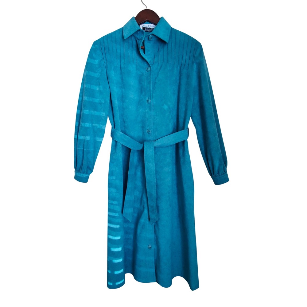 Vintage 70s Wilsons Ultra Suede Teal Blue Shirt Dress Trench Belted Groovy Retro
